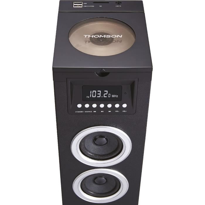 Tour De Son Thomson DS122CD – 60W, Bluetooth, Lecteur CD, Radio FM, USB, AUX – Enceinte Compacte Bois/noir + Clé USB 32Go Offerte