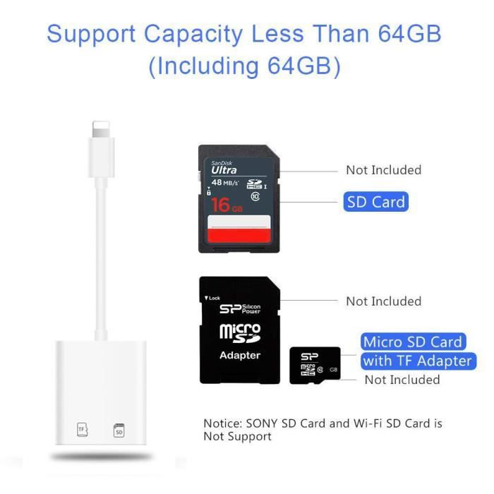 Adaptateur Lightning vers lecteur de cartes SD et TF, certifié Apple MFi 2  en 1 Micro SD TF Carte mémoire double fente pour iPhone 14 13 12 11 X XS XR  8