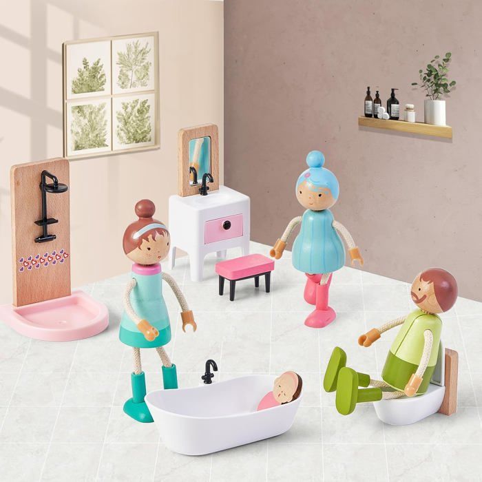 Set Meubles Poupée 21 Pièces – Giant Bean – Bois Plastique – Cuisine Salon Chambre Terrasse – Cadeau Enfant