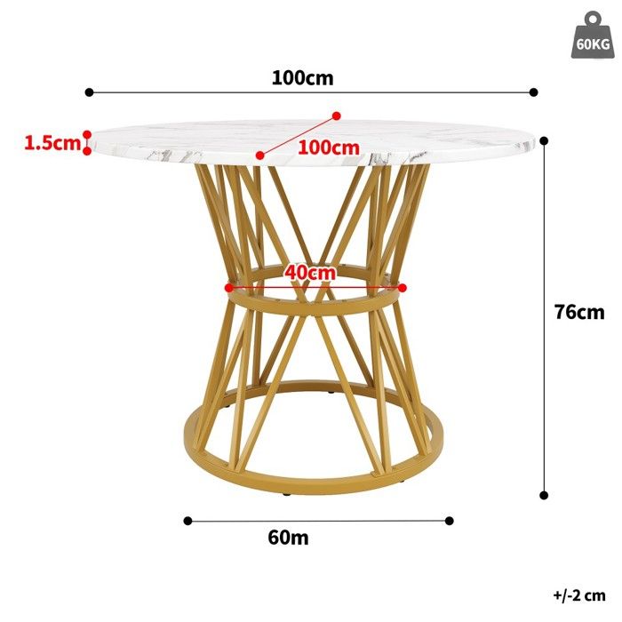 PUGSDRLY Table Ronde à Manger 100x100x76 Cm – Plateau Marbré MDF, Pieds Métal Réglables – Blanc & Or