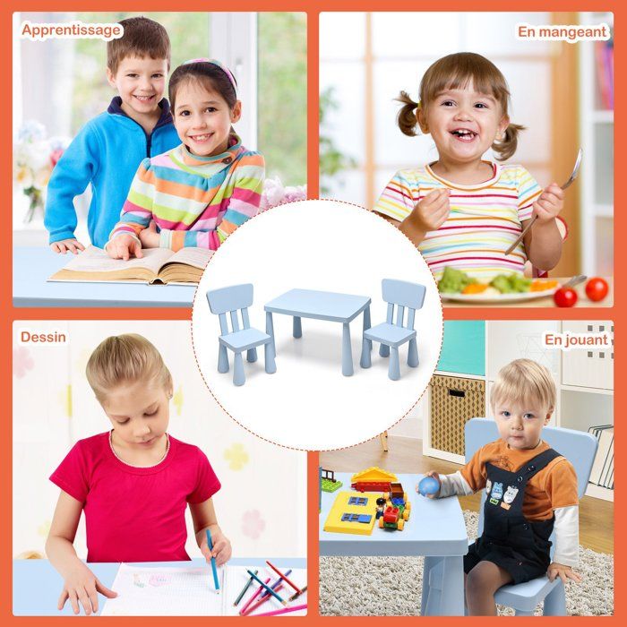 Table Et 2 Chaises Enfant GOPLUS - Pour Manger, Jouer, étudier - En Plastique Robuste, 50 Kg De Charge - Bleu, Pour 1-7 Ans