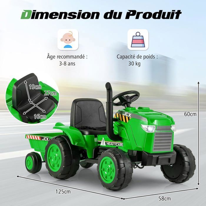 Tracteur Électrique Enfants 12V Avec Remorque - Télécommande - 6 Pneus - 3 Vitesses - 30kg Charge
