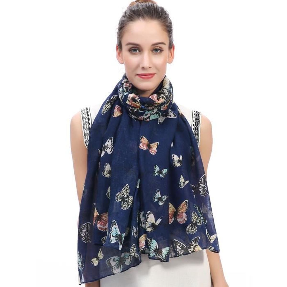 Écharpe Foulard Châle Femme Imprimé Papillons (Bleu Marine) Cdiscount