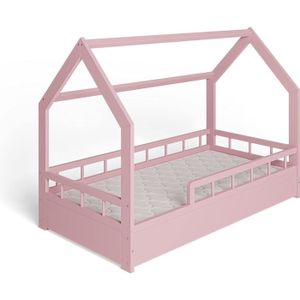 LIT COMPLET MS FACTORY Lit Enfant Bébé avec un Matelas Maison 80x160 cm - Lit en Massif Cabane - Style Scandinave - Rose Demi-barrières