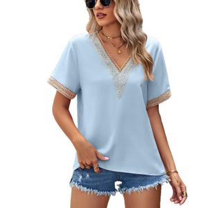 T-SHIRT T-shirt femmes dentelle patchwork V - neck solide couleur bleu
