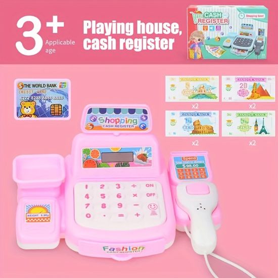 Caisse Enregistreuse Enfant – 40 Pièces, Son, Micro, Thème Pâtisserie, Rose, Jeu De Rôle