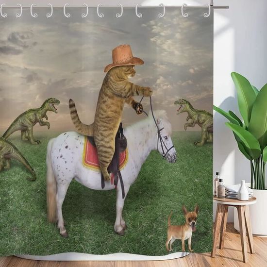 Rideau De Douche Funny 180X240 Cm, West Cowboy Farm Funny Cat Ride