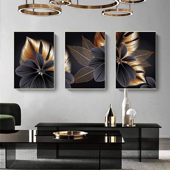 3 pièces décoration Toile peinture Noir doré Plante Feuille Toile Affiche Impression Moderne décor à la Maison 50x70cm[123]