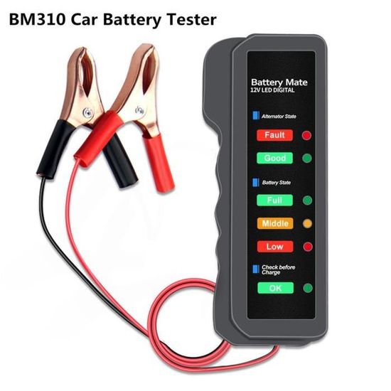 Testeur De Batterie Voiture 12V Nuzamas - 6 LED Indicateurs - Pinces Crocodiles - Léger Et Portable