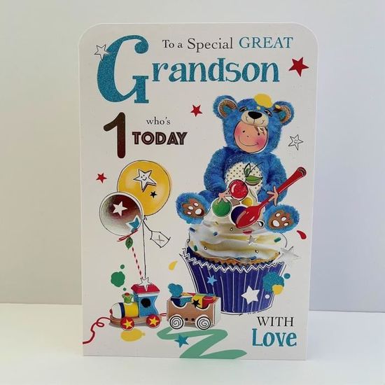 ICG Grandson 1st Birthday Card For Boys - Barley Bear And Balloons With An Embossed Foil Finish