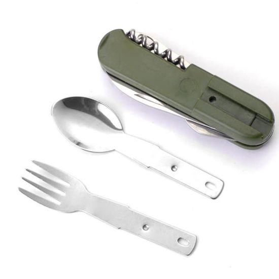 HONZIN Couverts Pliants 5 En 1 Acier Inoxydable - Camping Randonnée Avec Pochette - Multifonctionnels