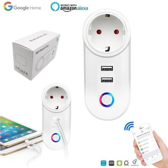 Prise Connectée Wifi, prises intelligentes 10A Compatible avec Android iOS Amazon Alexa Google Home Assistant avec double USB