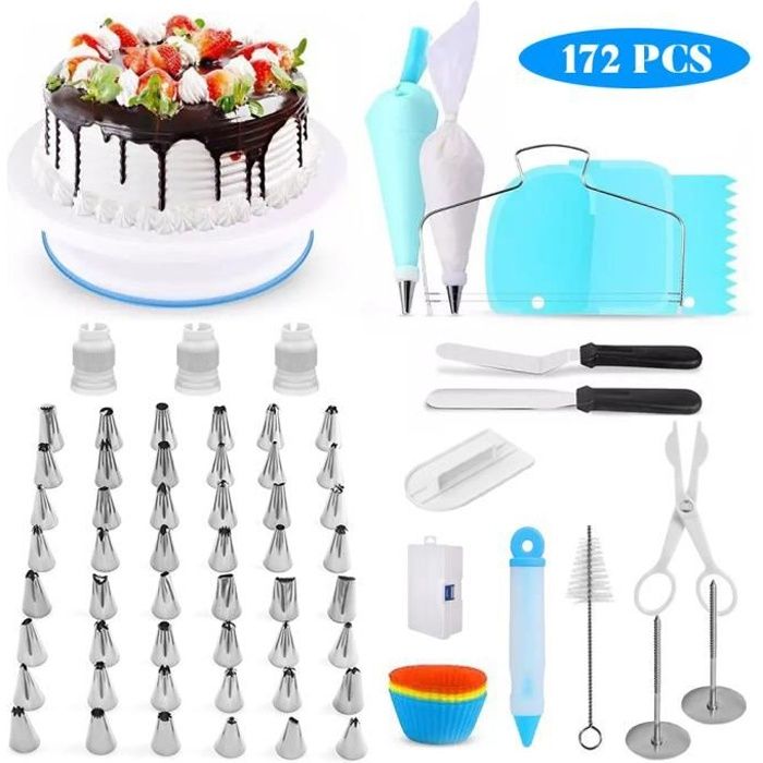 172Pcs Kit de Décoration de Gâteaux, Plateau Tournant 48Pcs Douilles Poche de Pâtisserie, Ustensiles de Pâtisseries pour Bricolage