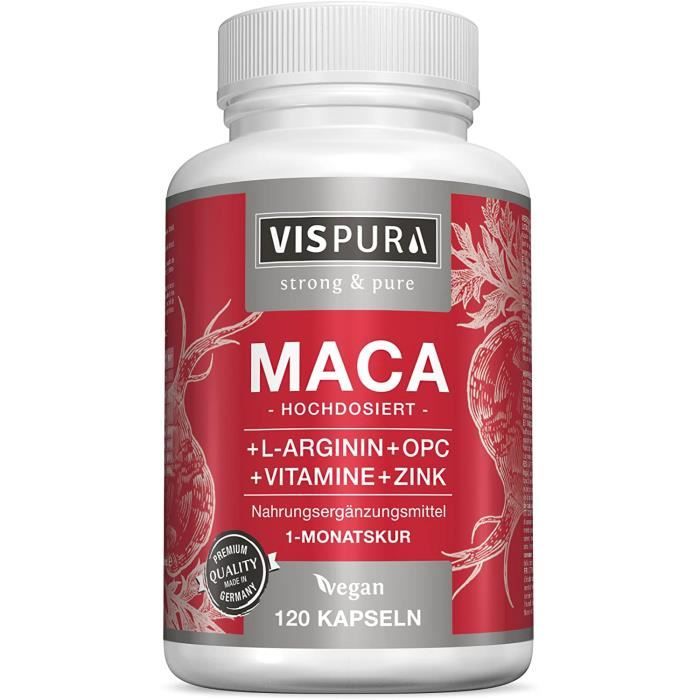 Maca VISPURA® Capsules de maca à fort dosage 5000mg + L-Arginine 1800mg + Vitamines B6, B12, OPC, zinc, 120 capsules vég 331236