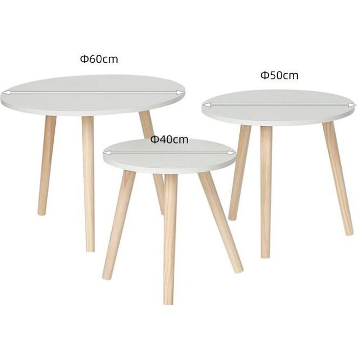 KEISHA Lot de 3 Tables basses gigognes blanches,Style contemporain,Scandinave,Rond, pieds en Bois