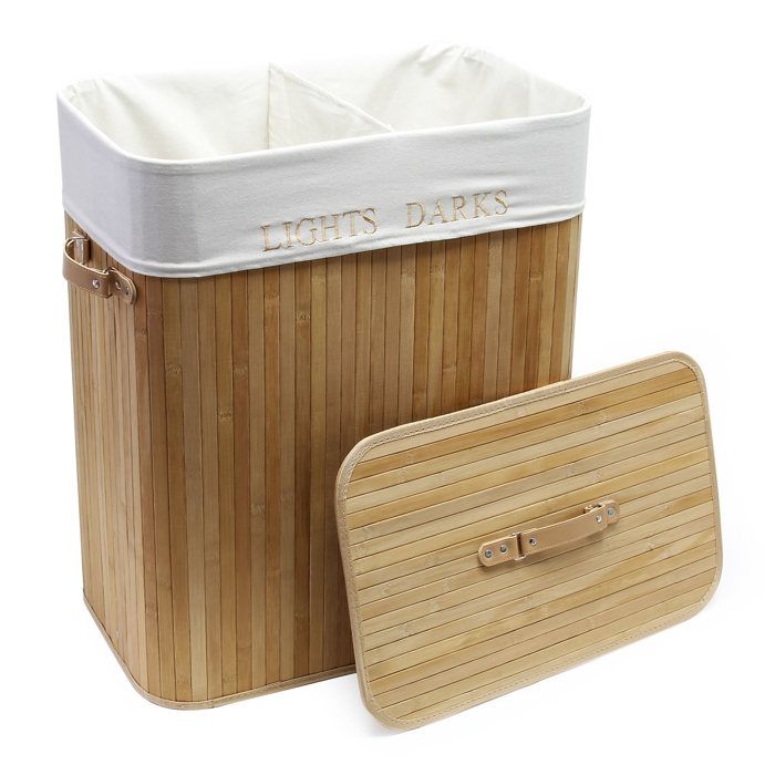 Boîte à linge en bambou 105L avec sac en lin naturel pliable - 61832