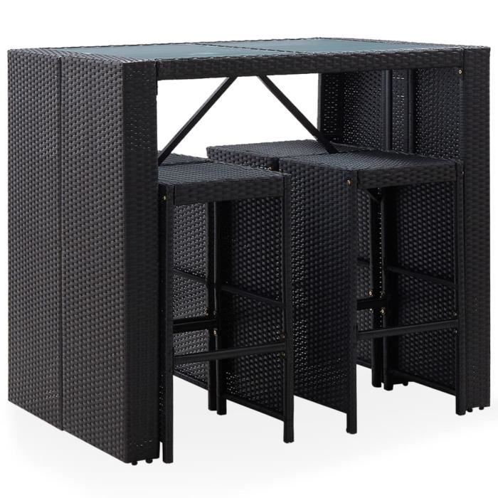 Mobilier de bar d'extérieur 5 pcs - Ensemble Table de bar + 4 tabourets bar Mange-Debout Résine tressée et verre Noir
