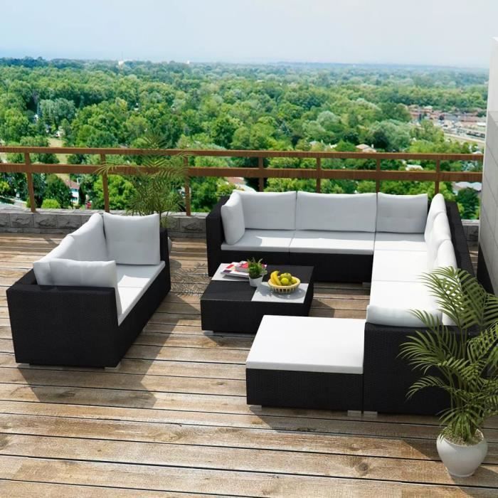 Mobilier de jardin 10 pcs avec coussins Noir Résine tressée