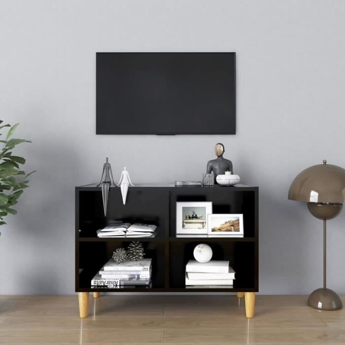 ETO- Meuble TV avec pieds en bois massif Noir 69,5x30x50 cm