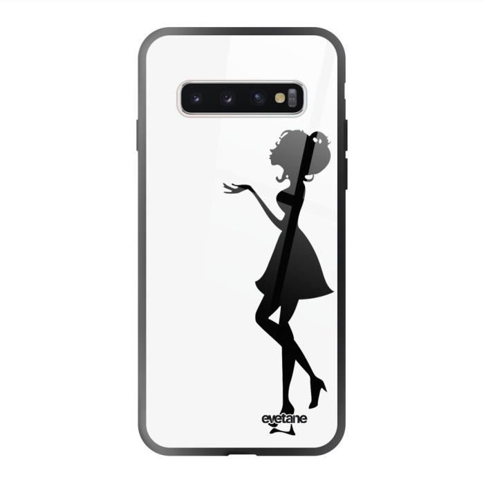 Coque en verre trempé Samsung Galaxy S10 noir Silhouette Femme Ecriture Tendance et Design Evetane