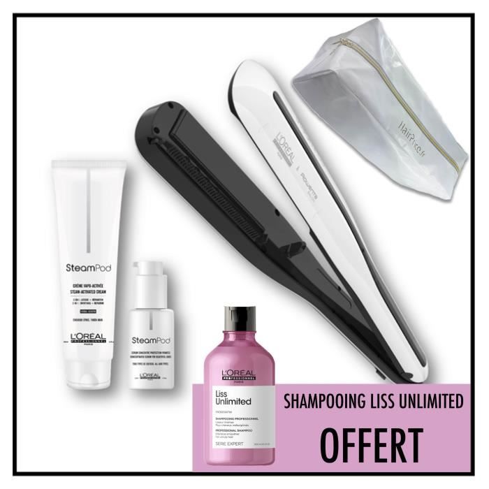 Pack lisseur vapeur Steampod 3.0 + Crème Cheveux épais + Sérum + Shampooing Liss Unlimited L'Oréal + Trousse Blanche Hairprice