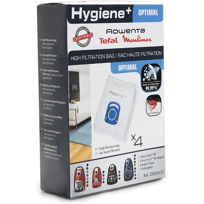 Rowenta Lot de 4 sacs Hygiene+, Compatibles avec les aspirateurs traineau Compact Power, Power XXL, Silence Force, X-Trem Pow