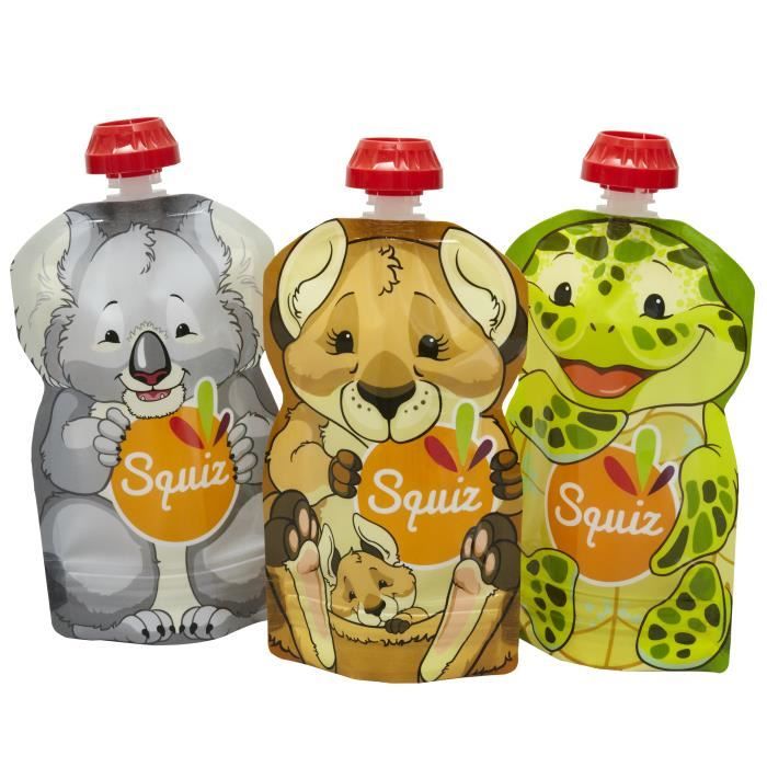 SQUIZ- 3 Gourdes Rechargeables et Réutilisables 130ml Sans BPA- Pour Compotes, Purées- Collection AUSTRALIE - ENTREPRISE FRANÇAISE