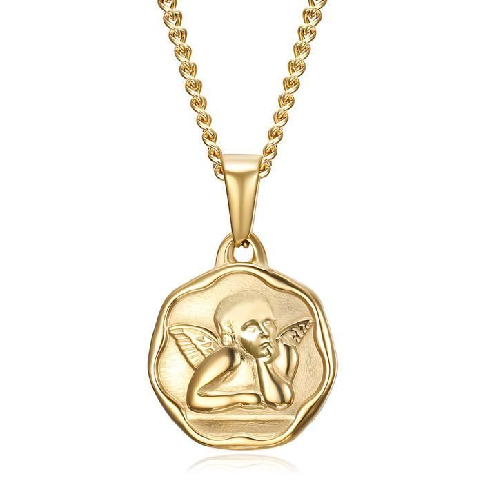 collier enfant chaîne et pendentif médaille héxagonale ange baptême plaqué or jaune 585/1000