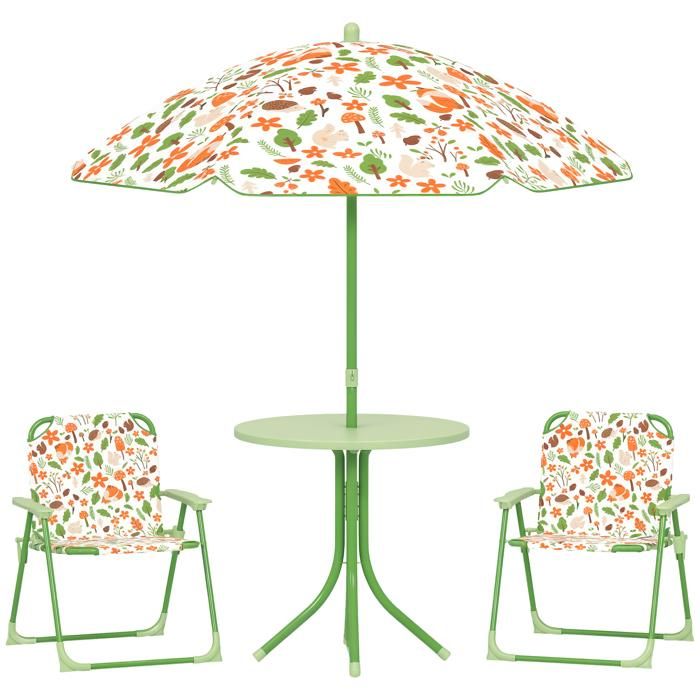 Ensemble salon de jardin extérieur enfant - AIYAPLAY - motif éléphant et girafe parasol réglable Ø 100 cm chaise pliable - vert