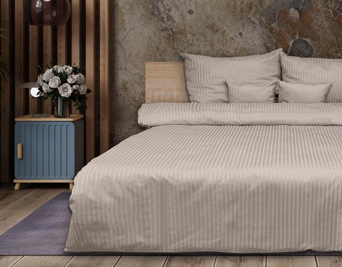 Parure de lit - MATEX - Beige - 160x200 + 2x70x80 - Rayures 1 cm - Coton OEKO-TEX
