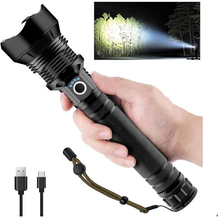 LOOYMNZ Lampe de poche LED en métal 90 000 lumens XHP70 Ajustable Zoomable Étanche Torche Déclairage Camping Randonnée