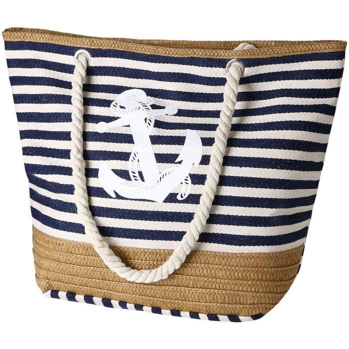 Grand Sac Plage Femme Pliable avec Fermeture à Glissière Sac a Main Sac à Bandoulière en Toile pour Vacances Voyages