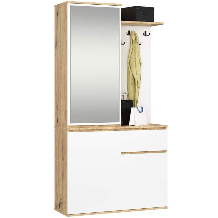 Ensemble de meubles dentrée ENTRO Chêne Artisan Blanc avec armoire et miroir 95 cm 3 portes 1 tiroir 7 étagères 95x35x183 cm Ensemble de meubles dentrée ENTRO Chêne Artisan Blanc avec armoire et miroir 95 cm 3 portes 1 tiroir 7 étagères 95x35x183 cm