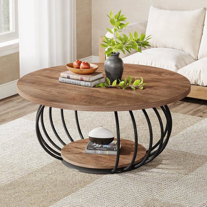 Table Basse Ronde 100 cm - Finmind - Table 2 Niveaux Style Industriel - Marron