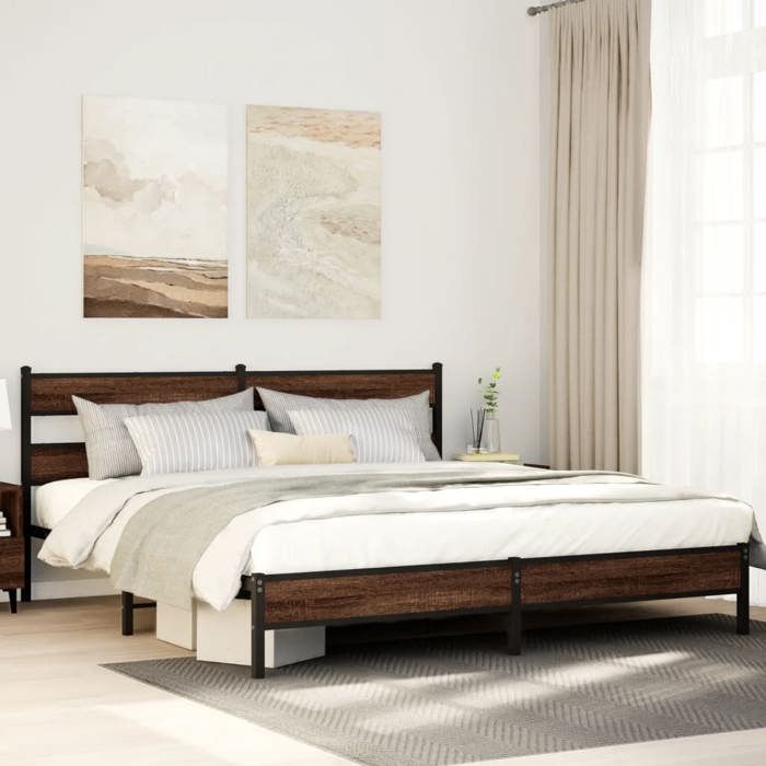 Lit Double Adulte Cadre de lit en métal - SOLOMON - chêne marron 193x203 cm JILLS 16291
