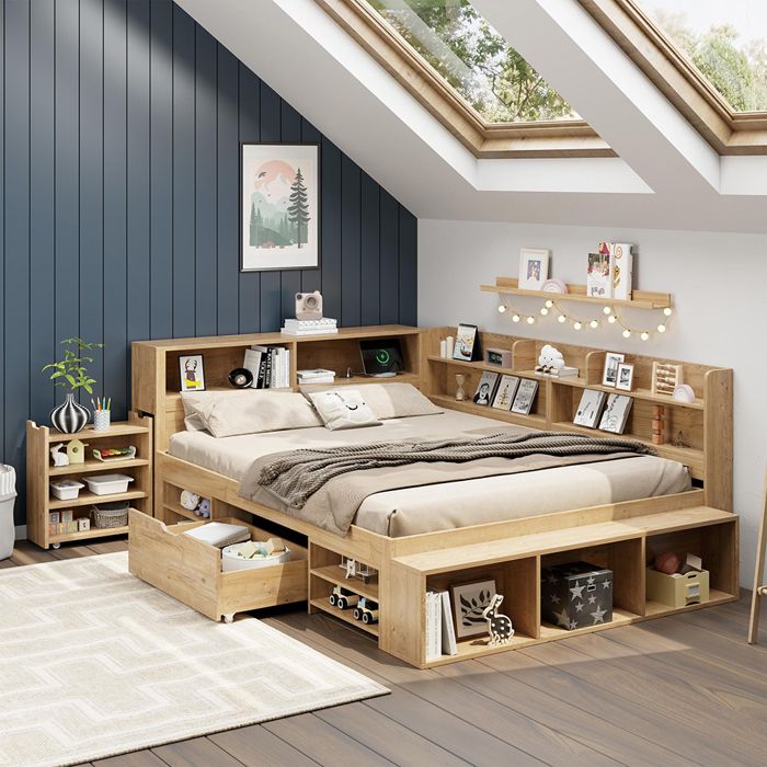 Lit enfant 140 x 200 cm en bois massif avec rangements (tiroirs étagères placard) - sommier inclus naturel