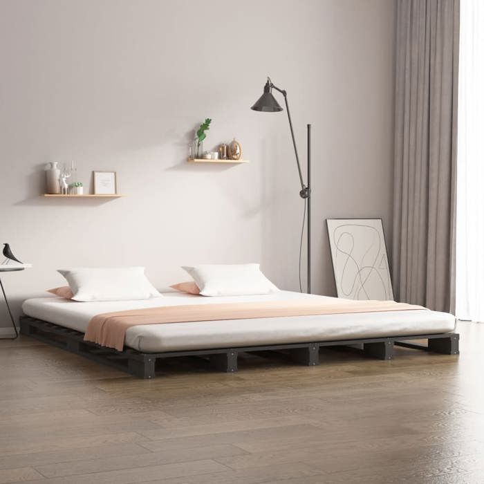 CHIC Lit adulte 2 places - 120x200 cm Lit de palette gris 120x200 cm Bois massif #Sara36979