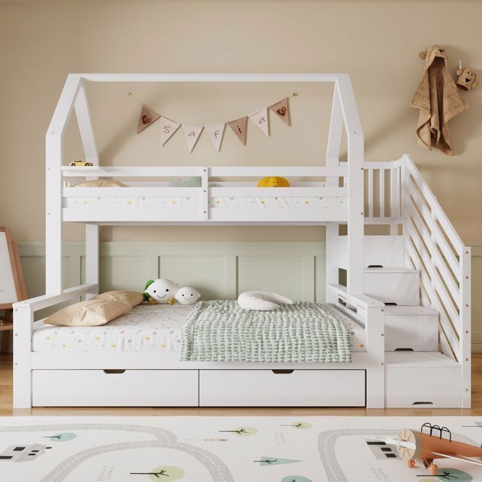 Lit superposé enfant - SOGEU - Modèle cabane - 90x200/140x200 - Escalier rangement - 2 tiroirs roulants