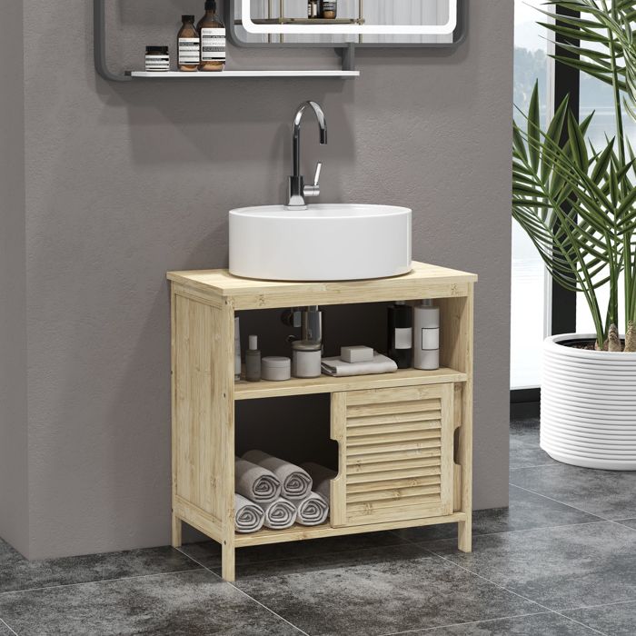 Meuble sous lavabo en Bambou Meuble de Rangement pour Salle de Bain avec 2 Portes 60 x 30 x 60 cm Bois Naturel