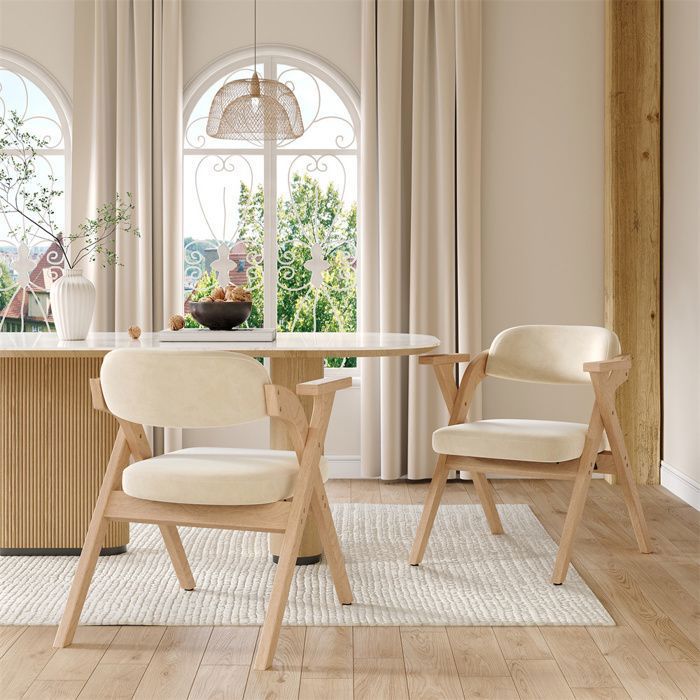 Chaise salle à manger - Pliable velours - Bois massif - Accoudoirs - Lot de 2 Beige