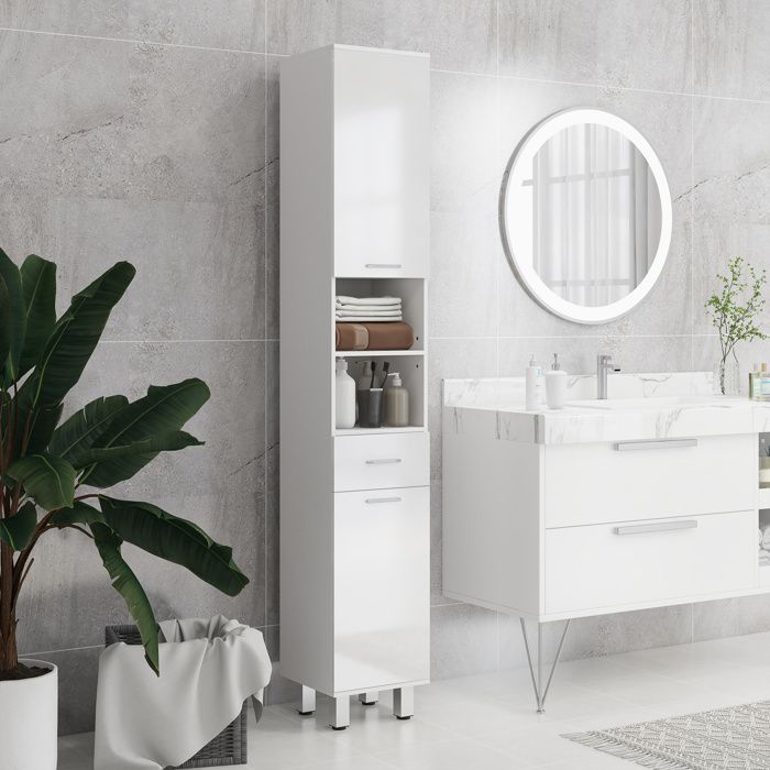 Meuble colonne salle de bain avec étagères réglables et compartiments ouverts 30x30x180cm blanc brillant