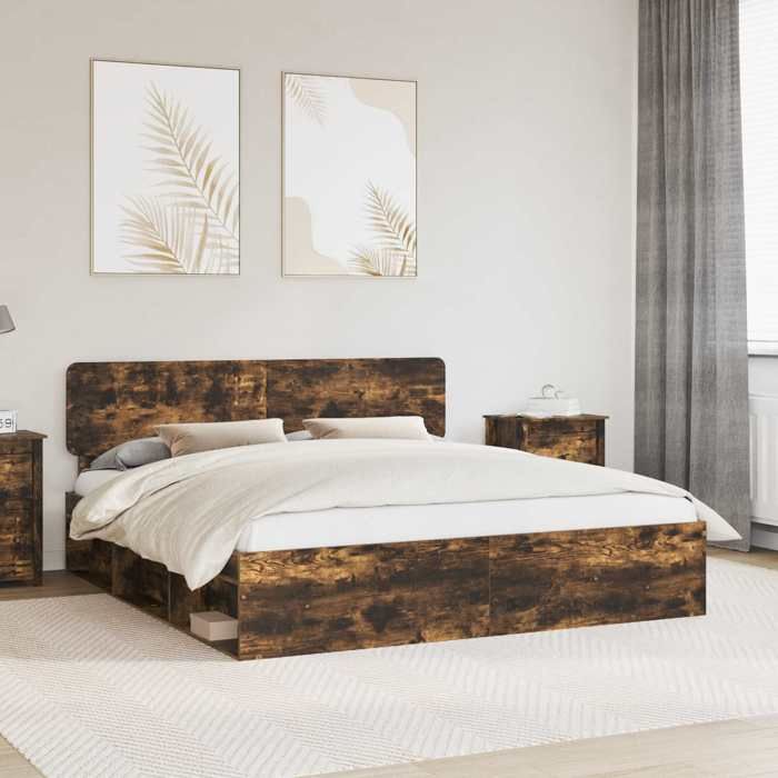 Structure de lit super king - UU - Chêne fumé - Pin massif - 180x200 cm - 206x183x90 cm - Cadre à lattes