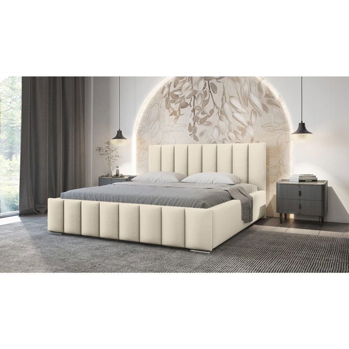 Cadre de lit avec coffre NEO en velours - Beige - Dimensions du couchage : 140 x 200 cm