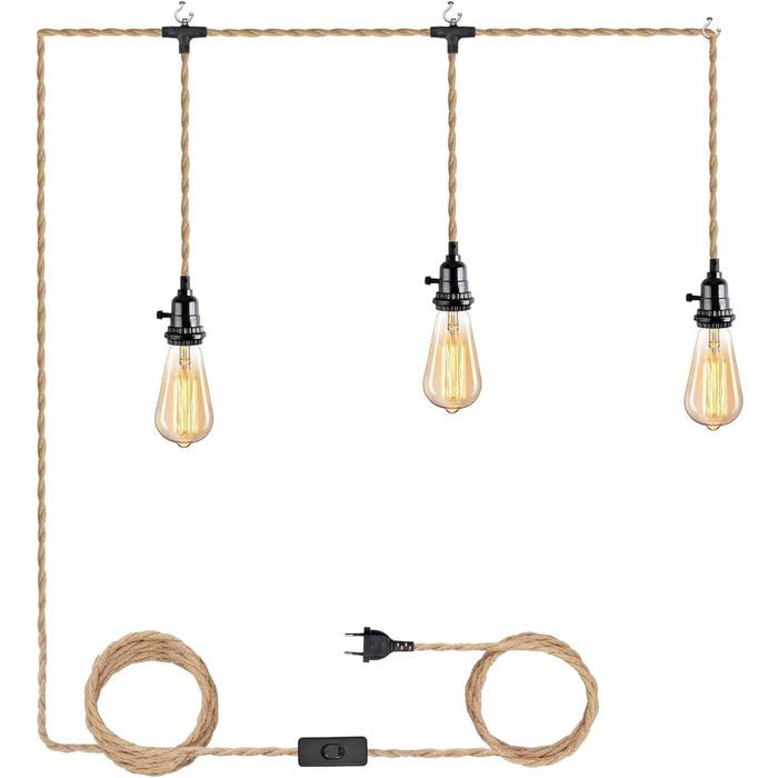 Kit de Lustre Corde de Chanvre Vintage Cable Suspension Luminaire avec Interrupteur et Prise EU DIY 3-Flamme Suspension Lampe