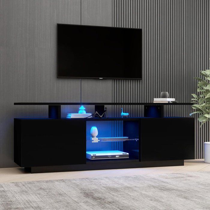 Meuble TV de salon avec LED  Noir brillant  2 Portes avec 5 Compartiments ouverts  Meuble TV Bas 140 cm  détagères en Verre