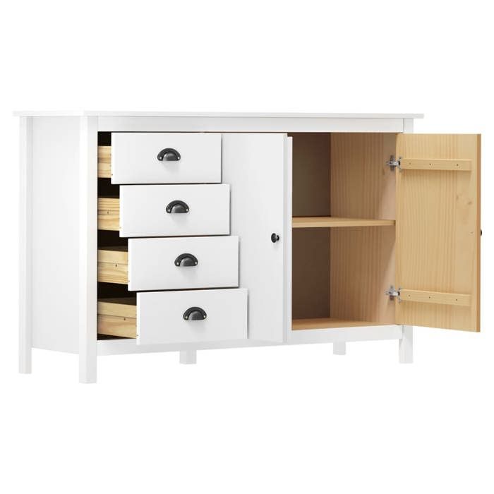 [39261]Buffet Bahut MEUBLECHIC commode meuble de rangement Hill Blanc 130x40x80 cm Bois de pin solide Poids:27.4 Kg