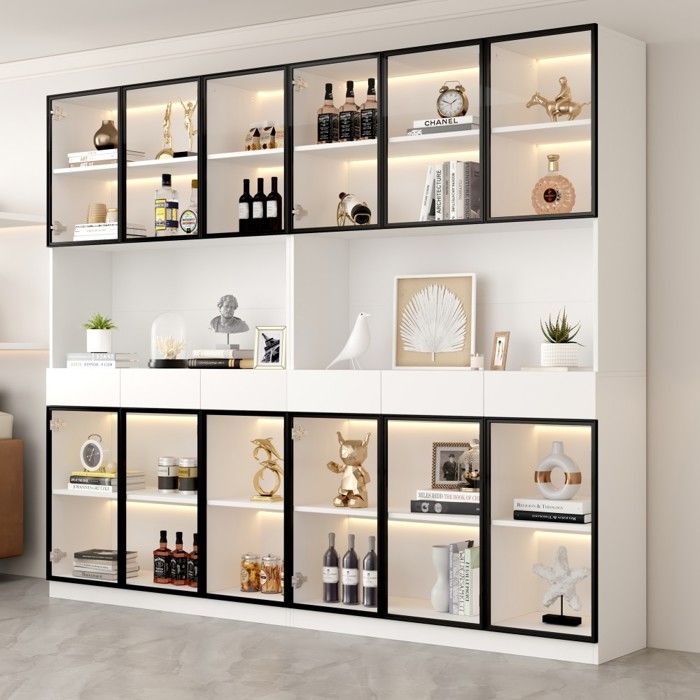 Vitrine vitrée 240x32x200cm blanche éclairage LED bibliothèque multi-rangements cadre blanc/noir salon chambre bureau Vitrine vitrée 240x32x200cm blanche éclairage LED bibliothèque multi-rangements cadre blanc/noir salon chambre bureau