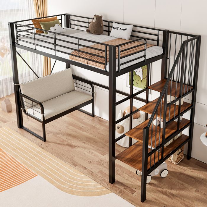 Lit mezzanine - MERAX - 90x200 avec canapé - Escalier rangement - Métal + MDF - Noir Lit mezzanine - MERAX - 90x200 avec canapé - Escalier rangement - Métal + MDF - Noir