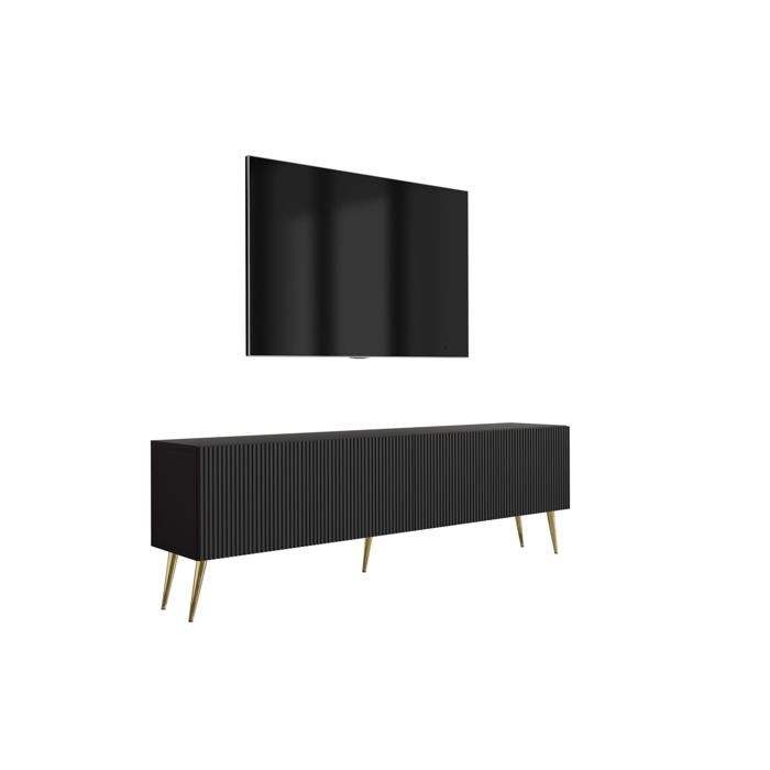 Meuble TV avec façades rainurées noir mat pieds inclinés dorés 170 × 32 × 52 cm