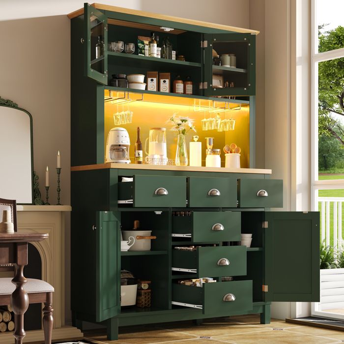MIVRAY Buffet de cuisine haut avec 4 Portes et LED Style Campagne pour Cuisine et Salle à Manger en MDF Vert 104×40×180 cm